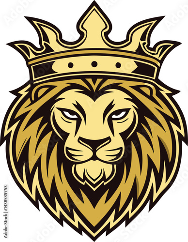 Lion head with crown in royal majestic golden color vector art featuring detailed mane and bold lines for a powerful regal mascot logo