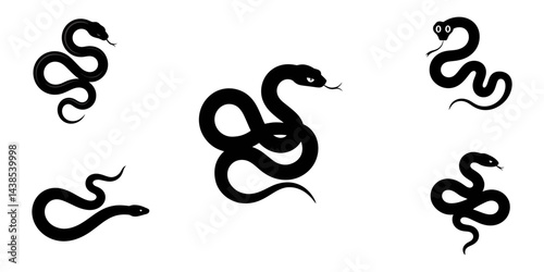 snake silhouette, Snake Silhouette Bundle Set, Snake Silhouette, snake icon, snake vector silhouette, Curved snake animal design, Black snake silhouette cutout. Set of snake animal silhouette.