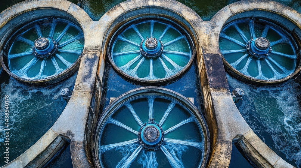 Aerial view of large water turbines in a reservoir, showcasing water flow and machinery efficiency Aerial view of large water turbines in a reservoir, showcasing water flow and machinery efficiency