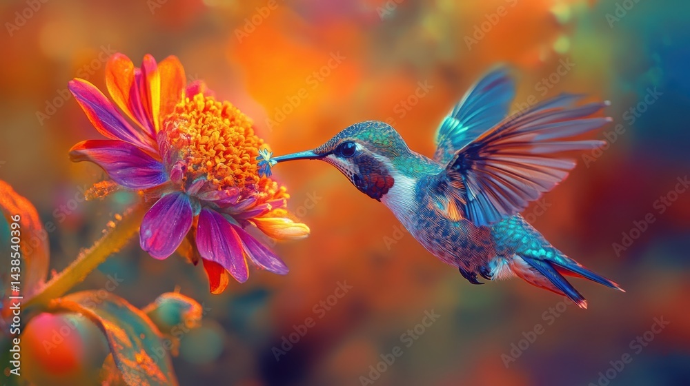 Fototapeta premium A hummingbird hovering in midair near a brightly colored flower, collecting nectar