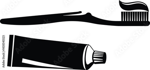 Black and White Toothbrush and Toothpaste Vector Illustration