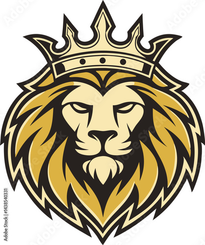 Lion head with crown in royal majestic golden color vector art featuring detailed mane and bold lines for a powerful regal mascot logo
