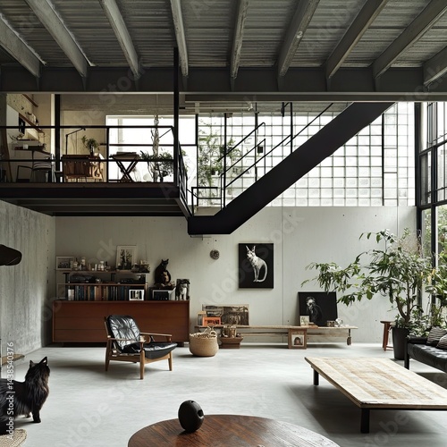 Interior design of a modern loft with large windows, metal staircase, and a mix of wooden and concrete elements. Features plants, art, and furniture. 