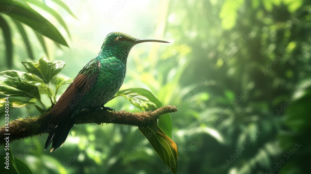Fototapeta premium A hummingbird perched on a branch in a rainforest, surrounded by lush greenery