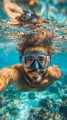 Underwater snorkeling selfie, ocean rocks, clear water, summer vacation