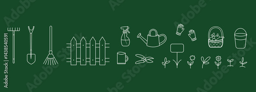 Set of gardening tools and plants in line art style on dark green background, including shovel, rake, watering can, gloves, pruner, basket and seedlings