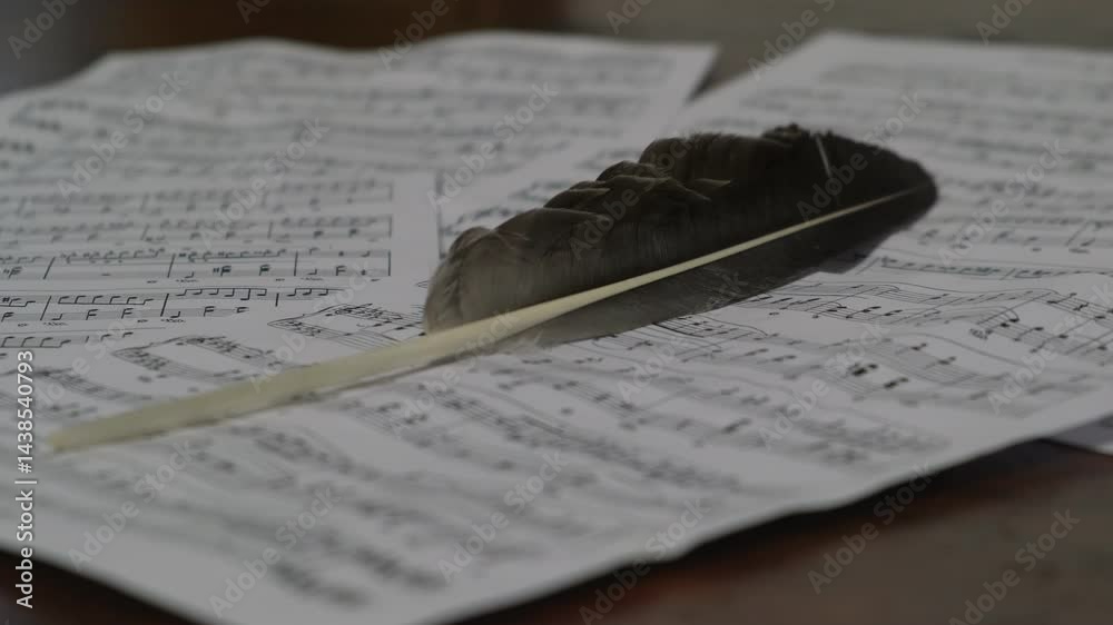 Close-up of classical music sheet pages scattered on wooden table with feather on top, highlighting title 