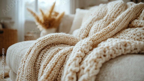 Cozy knitted throw blanket on sofa, living room interior