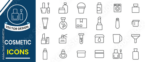 Cosmetic icons, vector set collection. Cosmetic, beauty icon line. Cream bottle, lipstick, brush makeup, Clear Complexion, cleansing foam, refreshing wash, micellar water vector illustration.