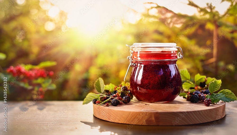 close up of appetizing loganberry jam in a glass jar on a wooden round stand in the rays of the sun against the background of bushes selective focus concept of preservation and preparation for winte close up of appetizing loganberry jam in a glass jar on a wooden round stand in the rays of the sun against the background of bushes selective focus concept of preservation and preparation for winte