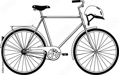 Black and White Bicycle with Helmet Vector Illustration