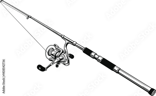 Black and White Fishing Rod and Reel Vector Illustration