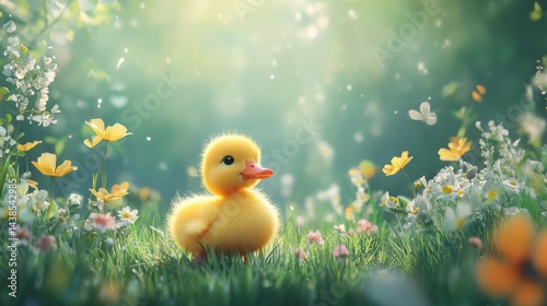 A bright yellow duckling waddling through a grassy field surrounded by flowers