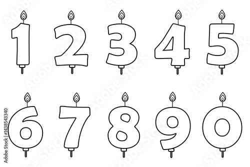 Birthday candle number outline set. Birthday candles with burning flames. Vector illustration.