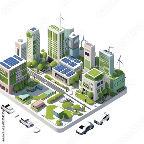 Isometric Floating Future Green City with Solar Rooftops, Vertical Gardens, and Wind Turbines