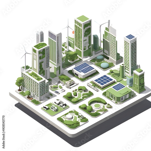 Isometric Floating Future Green City with Solar Rooftops, Vertical Gardens, and Wind Turbines