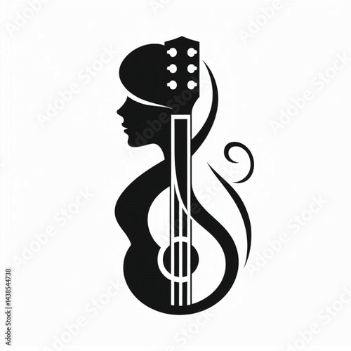 A guitar woman combined with a treble clef, forming a sleek, minimalistic logo. silhouette black and white,