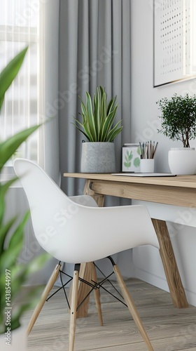 White chair at a rustic wooden desk with plants and art in a bright room.