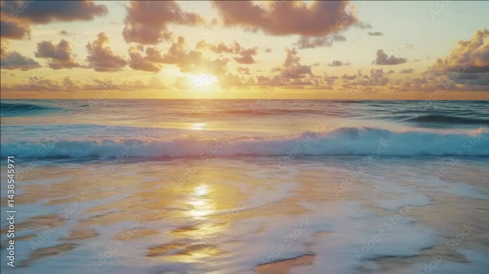 Sun sinking into ocean, waves gently lapping shore, sky awash with hues of orange and purple. Sun sinking into ocean, waves gently lapping shore, sky awash with hues of orange and purple.
