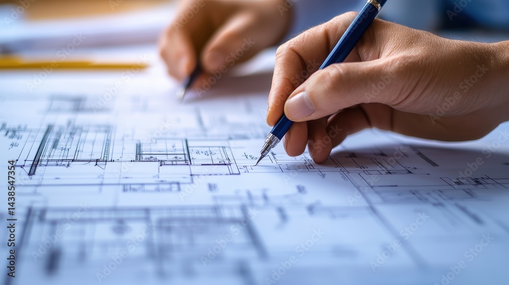 A team of architects and engineers reviewing blueprints at a busy construction site A team of architects and engineers reviewing blueprints at a busy construction site