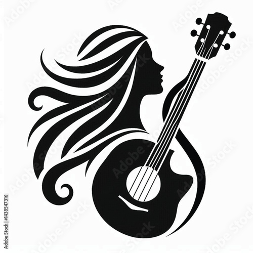 A guitar woman combined with a treble clef, forming a sleek, minimalistic logo. silhouette black and white,