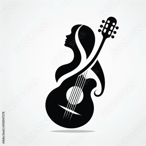 A guitar woman combined with a treble clef, forming a sleek, minimalistic logo. silhouette black and white,