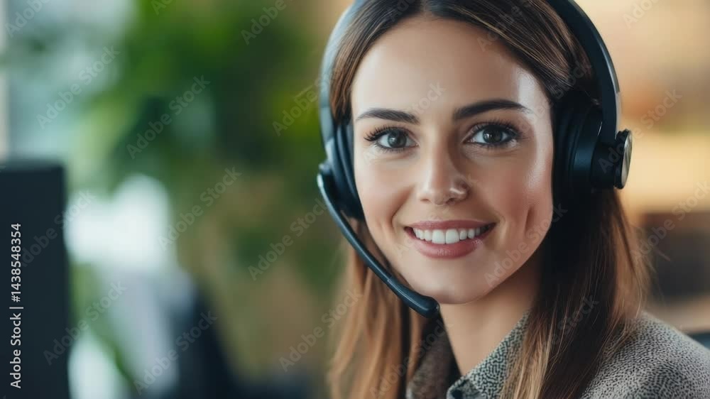 Young woman with headphones and a friendly smile, ready to assist in customer service or technical support. Young woman with headphones and a friendly smile, ready to assist in customer service or technical support.