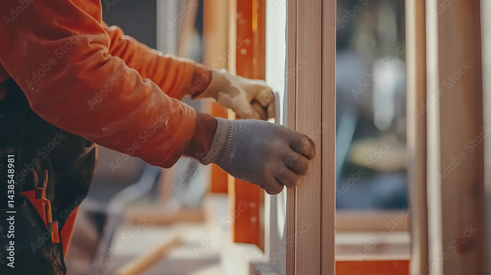 Obraz premium Construction Worker Installing Window Frame