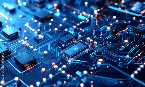 Abstract futuristic, high-resolution digital artwork depicting a glowing blue microchip embedded. Quantum computing, or futuristic AI hardware in a sleek, cyberpunk-inspired environment. Depth of fiel