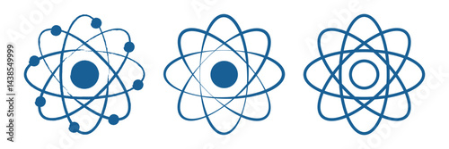 Set of atom icons. Atom icon with orbiting electrons in a simplified structure.