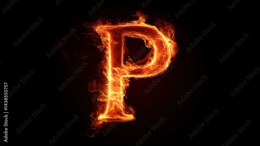 Fiery letter P, burning alphabet, dark background, graphic design element Fiery letter P, burning alphabet, dark background, graphic design element