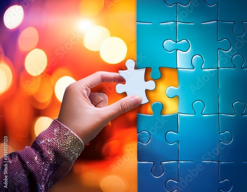 hand placing last puzzle piece in success concept on colorful background with soft light effect