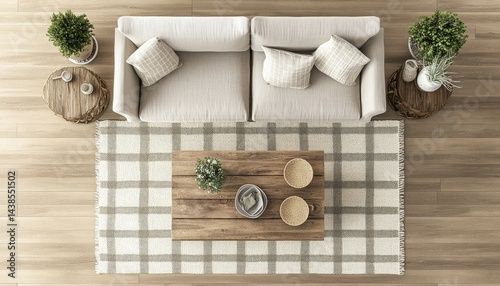 Overhead view of a living room interior with beige sofa, wooden coffee table, area rug, and potted plants.