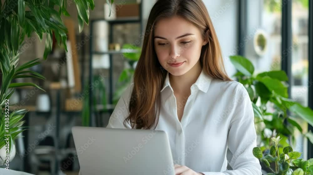 Smiling woman working on a laptop in an office space with plants and a modern design. Smiling woman working on a laptop in an office space with plants and a modern design.