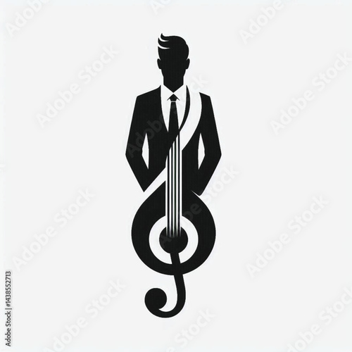 A guitar woman combined with a treble clef, forming a sleek, minimalistic logo. silhouette black and white,