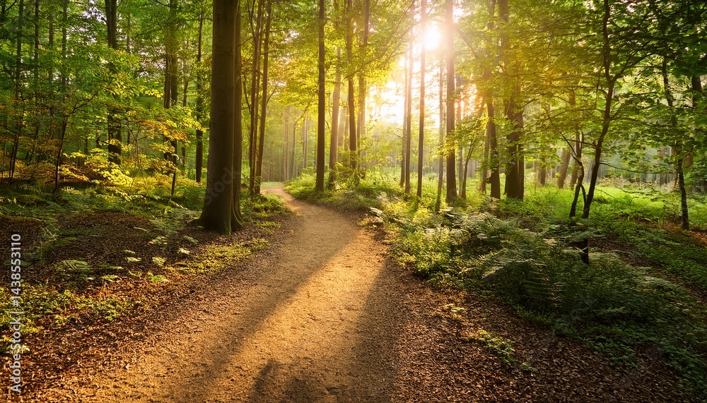 sunlit forest path with golden light and green trees during daytime sunlit forest path with golden light and green trees during daytime