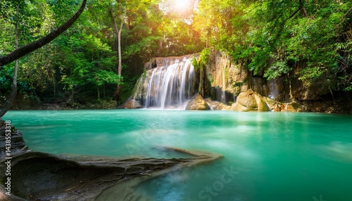 wonderful green waterfall at deep forest erawan waterfall located kanchanaburi province thailand