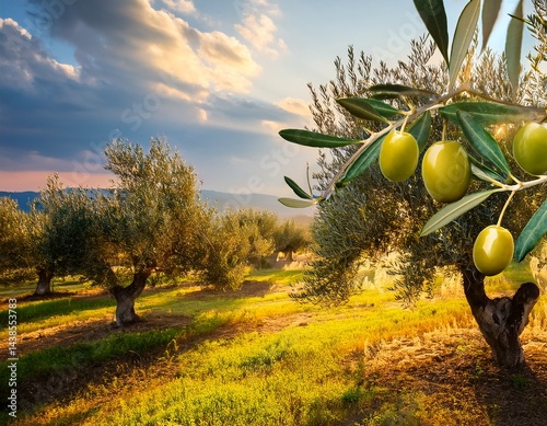 olive plantation and olives on branch