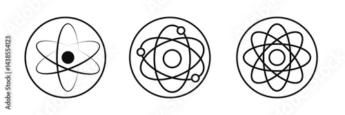 Set of atom icons. Atom icon with orbiting electrons in a simplified structure.