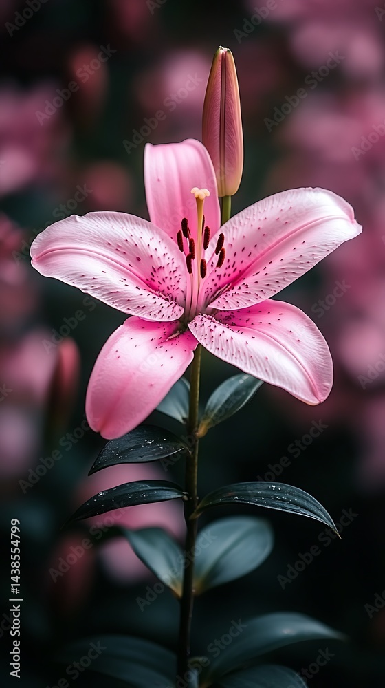 Fototapeta premium Pink lily in bloom, bud, dark foliage