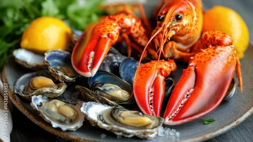 Lobster surrounded by mussels and lemon, seafood gourmet dish ready to serve.