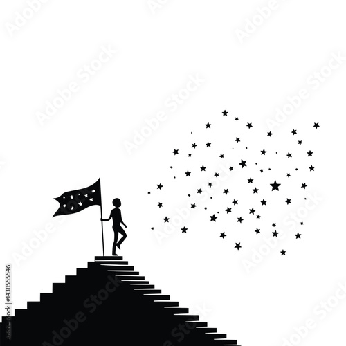 Silhouette of Person Planting Flag at Stairway Summit Under Starry Sky, Symbol of Victory

