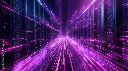 A data-center aisle with server racks illuminated by purple lights.