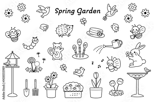 春のイラスト素材セット　モノクロ　かわいい