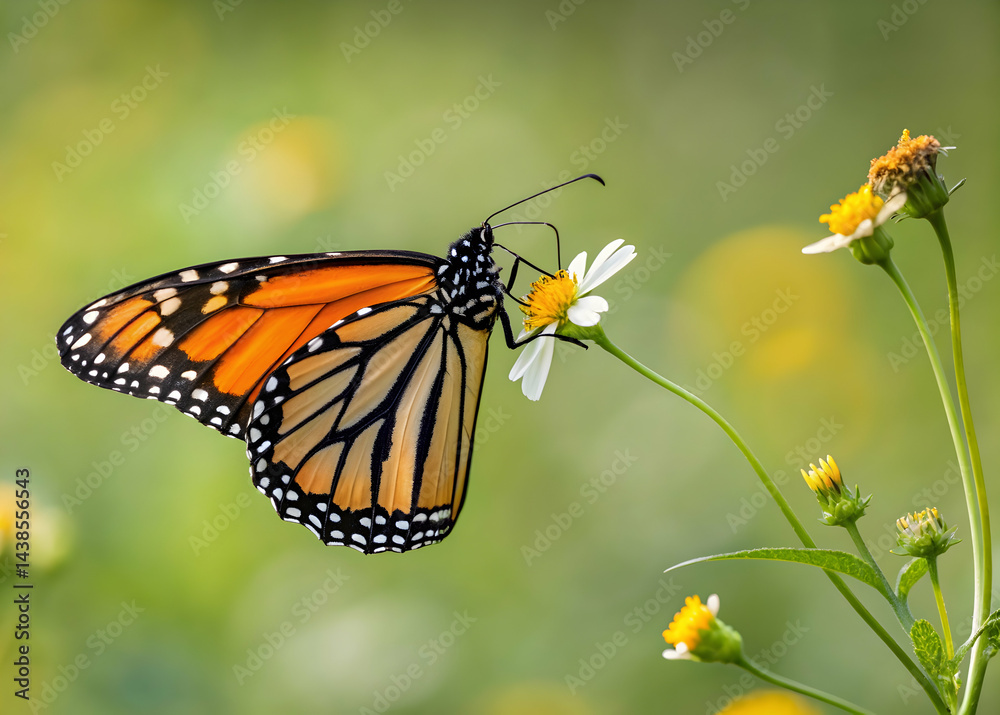Fototapeta premium Monarch butterfly on yellow white flower close up