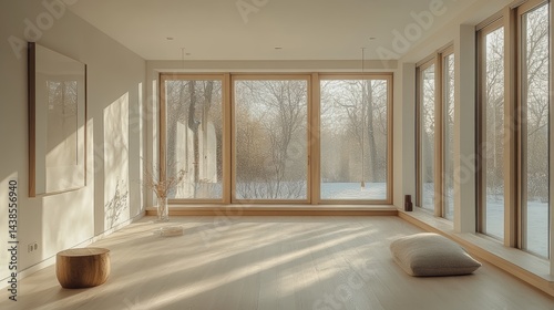 A minimalist Scandinavian home with clean lines, neutral colors, and lots of natural light