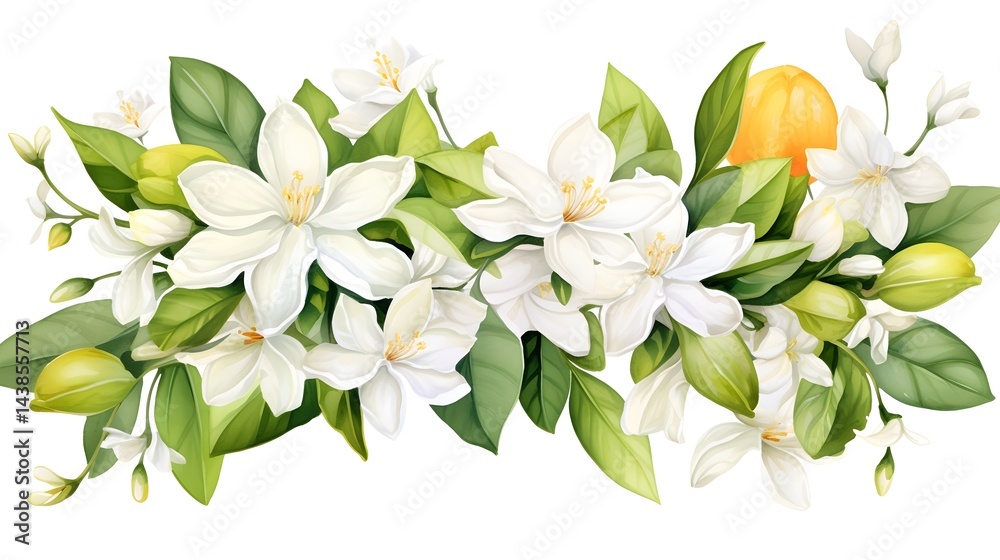 Obraz premium White citrus tree flowers and leaves frame isolated on white background for design projects