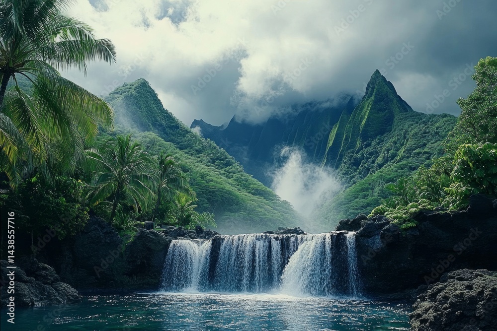 Fototapeta premium Tropical Waterfall cascading into a lush valley