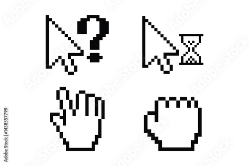 Pixel art style mouse cursor set including question, hand, pointer in vintage black and white 8-bit design.