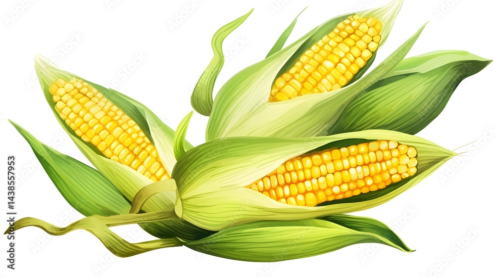 Obraz premium Fresh yellow corn with green leaves on white background - agricultural concept